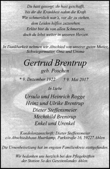 Anzeige von Gertrud Brentrup von Westfälische Nachrichten