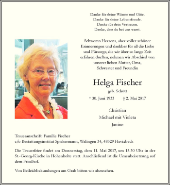 Anzeige von Helga Fischer von Westfälische Nachrichten