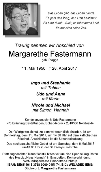 Anzeige von Margarethe Fastermann von Westfälische Nachrichten