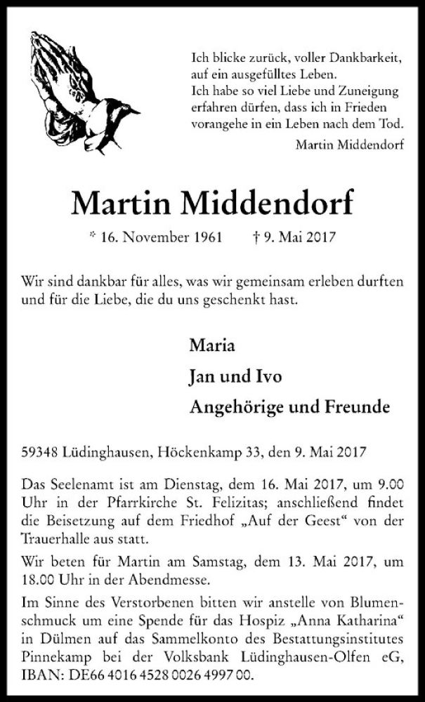  Traueranzeige für Martin Middendorf vom 12.05.2017 aus Westfälische Nachrichten