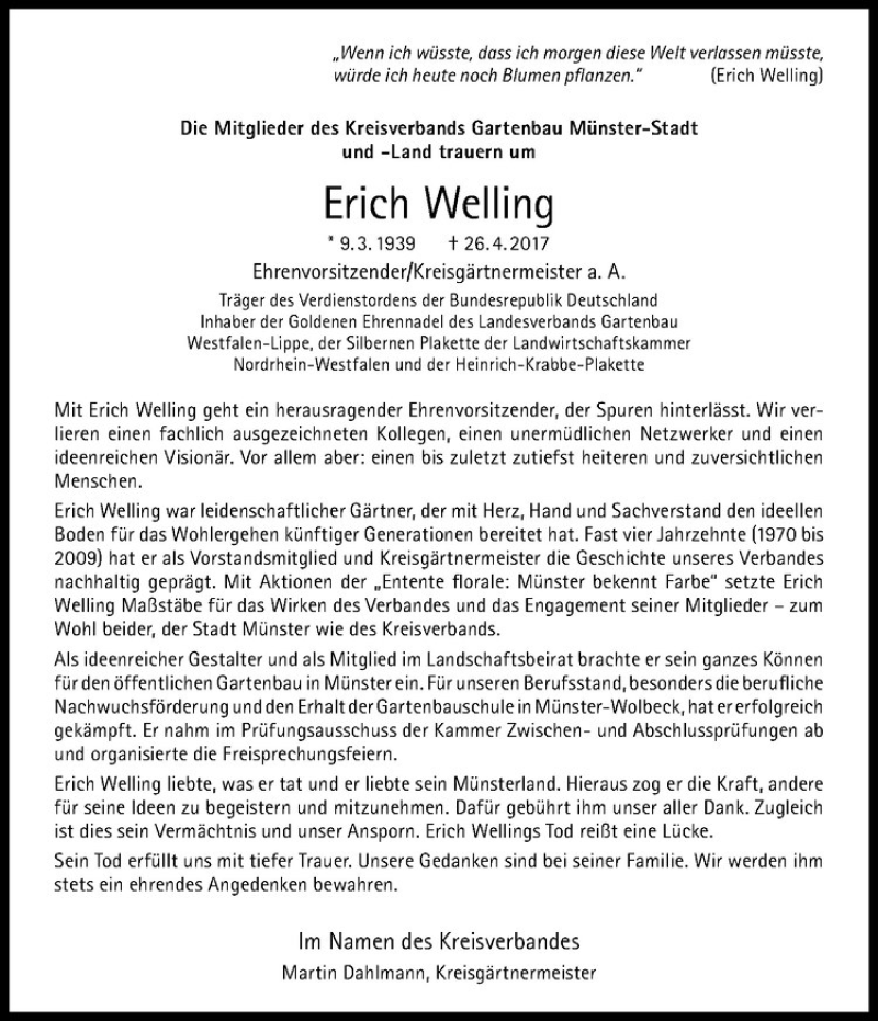  Traueranzeige für Erich Welling vom 03.05.2017 aus Westfälische Nachrichten