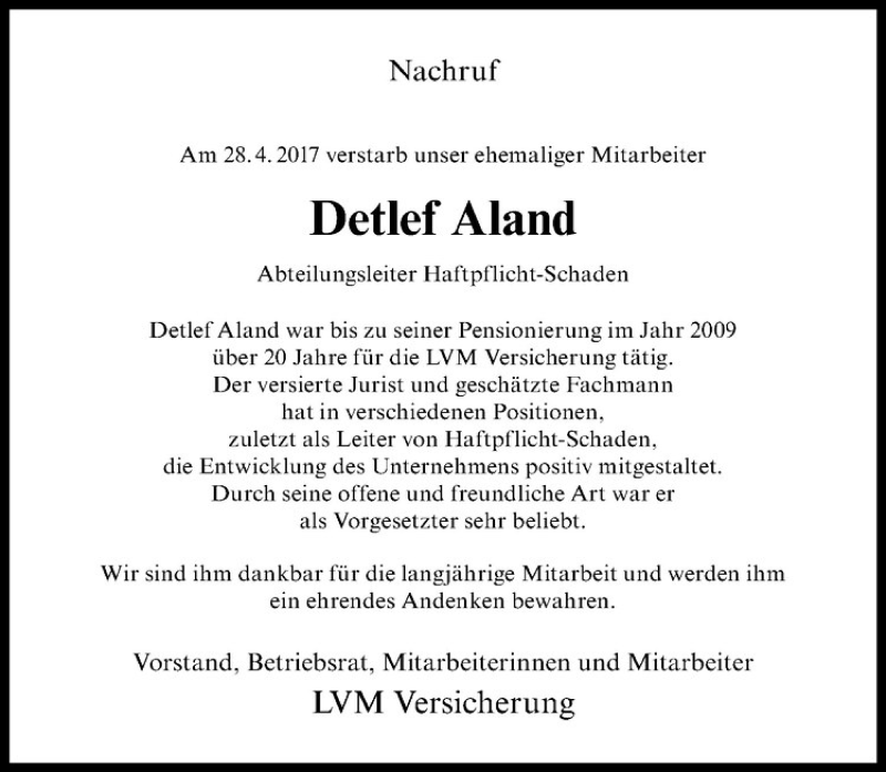 Traueranzeige für Detlef Aland vom 10.05.2017 aus Westfälische Nachrichten