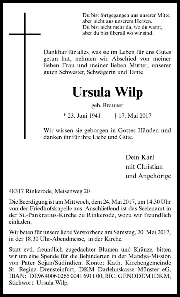  Traueranzeige für Ursula Wilp vom 20.05.2017 aus Westfälische Nachrichten