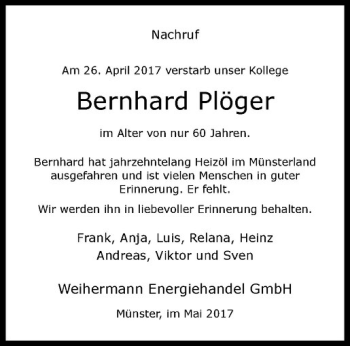 Anzeige von Bernhard Plöger von Westfälische Nachrichten