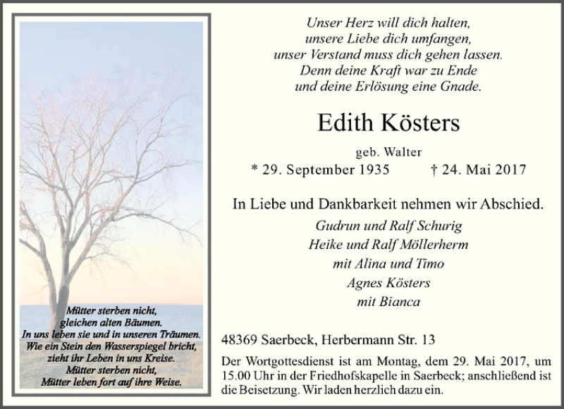  Traueranzeige für Edith Kösters vom 27.05.2017 aus Westfälische Nachrichten