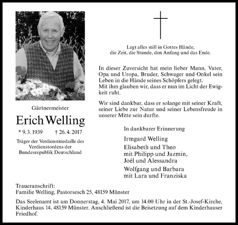  Traueranzeige für Erich Welling vom 29.04.2017 aus Westfälische Nachrichten