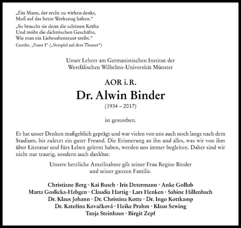  Traueranzeige für Alwin Binder vom 13.05.2017 aus Westfälische Nachrichten
