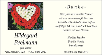 Anzeige von Hildegard Beelomann von Westfälische Nachrichten