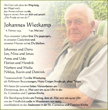 Anzeige von Johannes Wietkamp von Westfälische Nachrichten