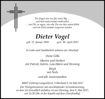 Anzeige von Dieter Vogel von Westfälische Nachrichten