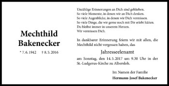 Anzeige von Mechthild Bakenecker von Westfälische Nachrichten