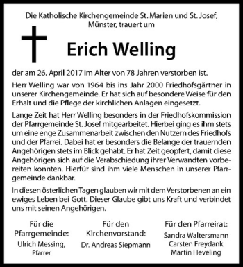 Anzeige von Erich Welling von Westfälische Nachrichten