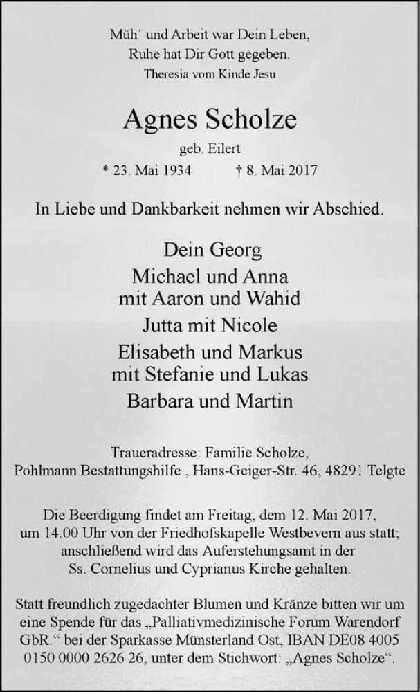  Traueranzeige für Agnes Scholze vom 10.05.2017 aus Westfälische Nachrichten
