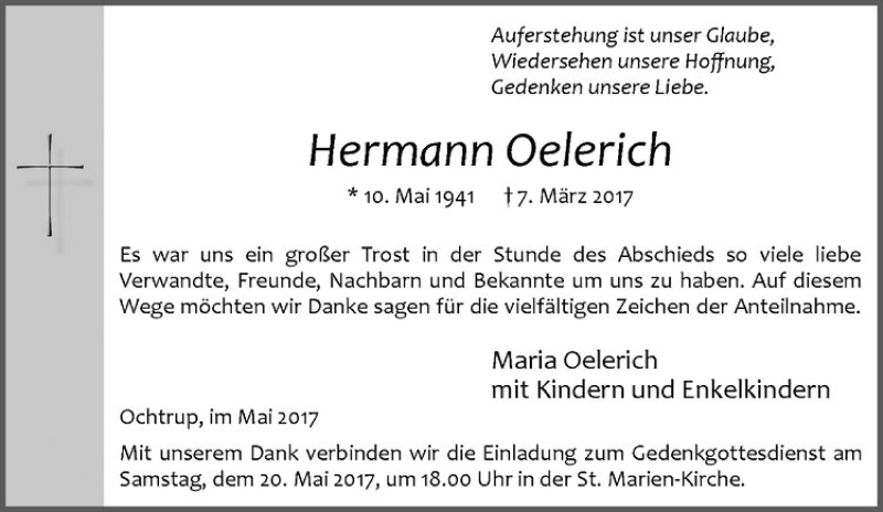  Traueranzeige für Hermann Oelerich vom 17.05.2017 aus Westfälische Nachrichten