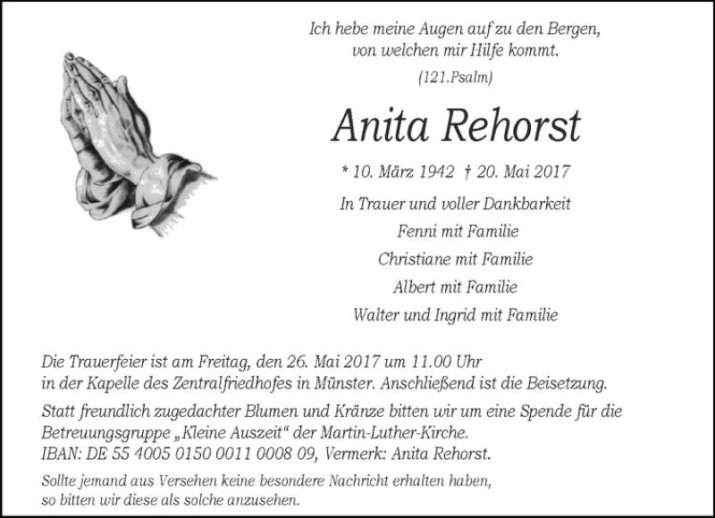  Traueranzeige für Anita Rehorst vom 24.05.2017 aus Westfälische Nachrichten