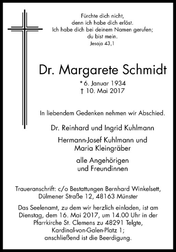  Traueranzeige für Margarete Schmidt vom 13.05.2017 aus Westfälische Nachrichten