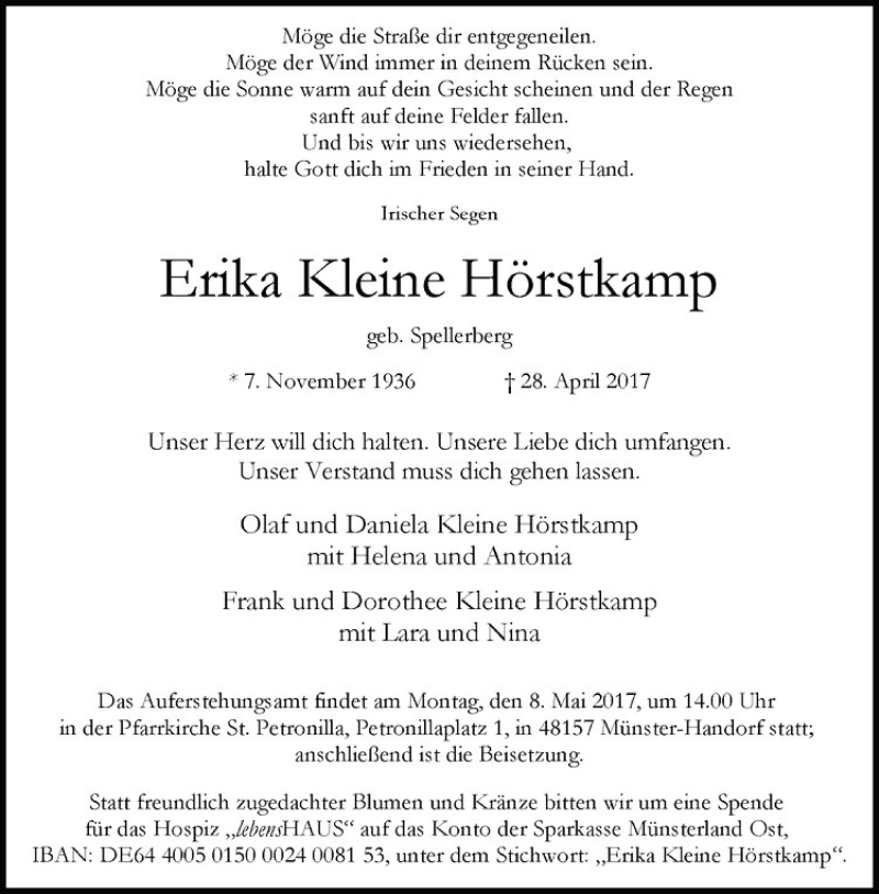  Traueranzeige für Erika Kleine Hörstkamp vom 03.05.2017 aus Westfälische Nachrichten