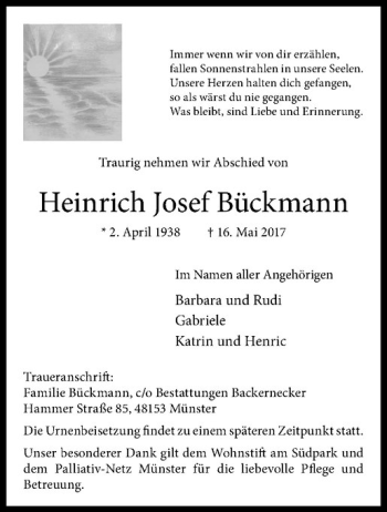 Anzeige von Heinrich Josef Bückmann von Westfälische Nachrichten