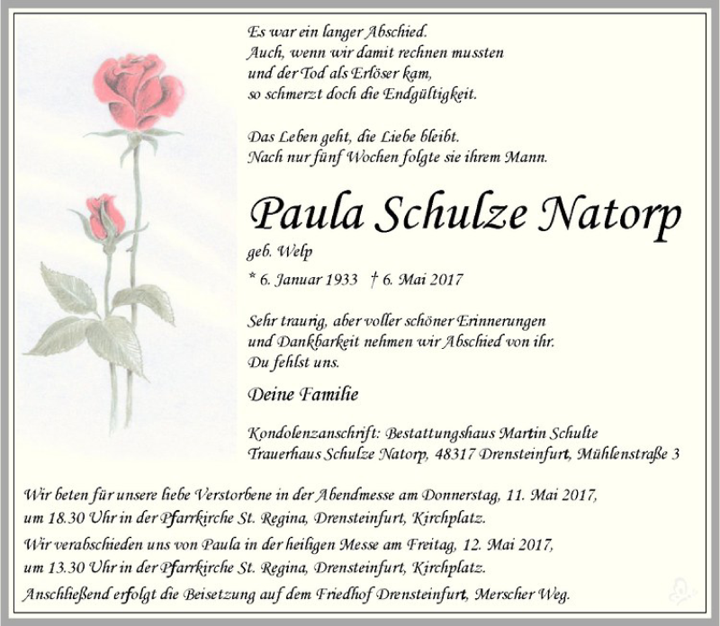  Traueranzeige für Paula Schulze Natorp vom 10.05.2017 aus Westfälische Nachrichten