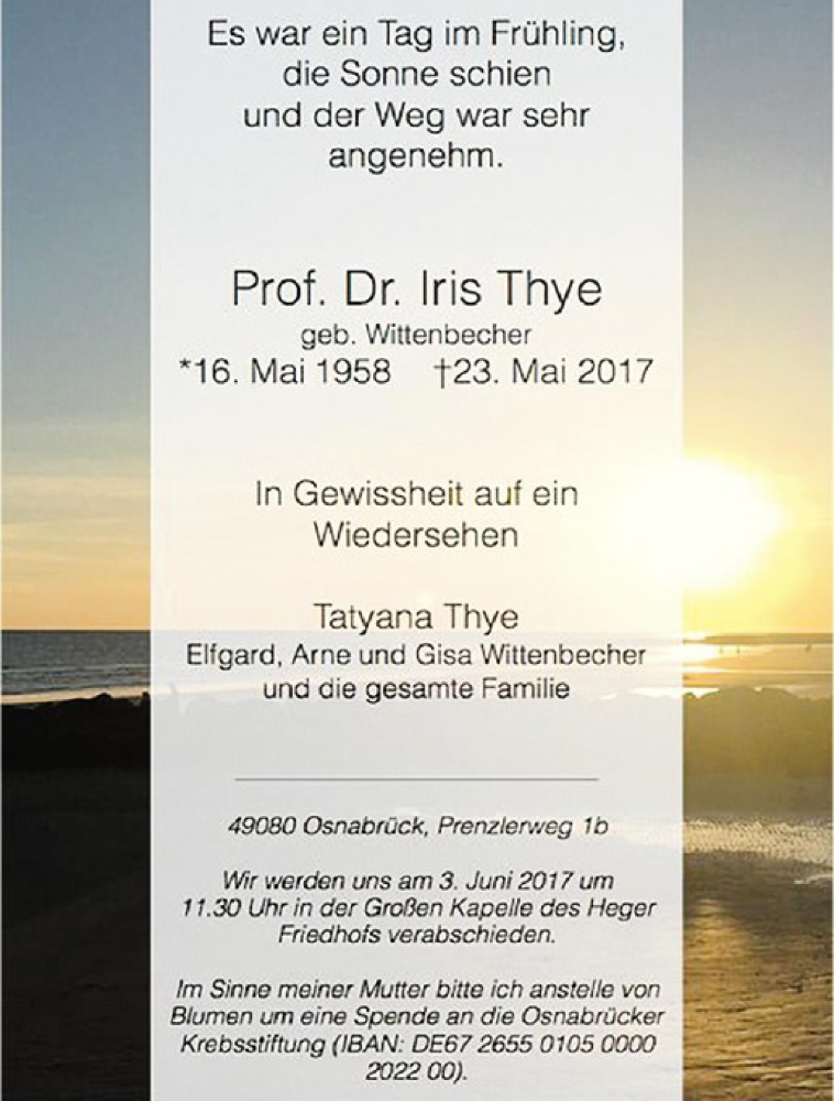  Traueranzeige für Iris Thye vom 27.05.2017 aus Westfälische Nachrichten