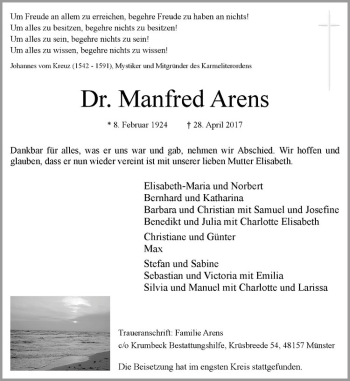 Anzeige von Manfred Arens von Westfälische Nachrichten