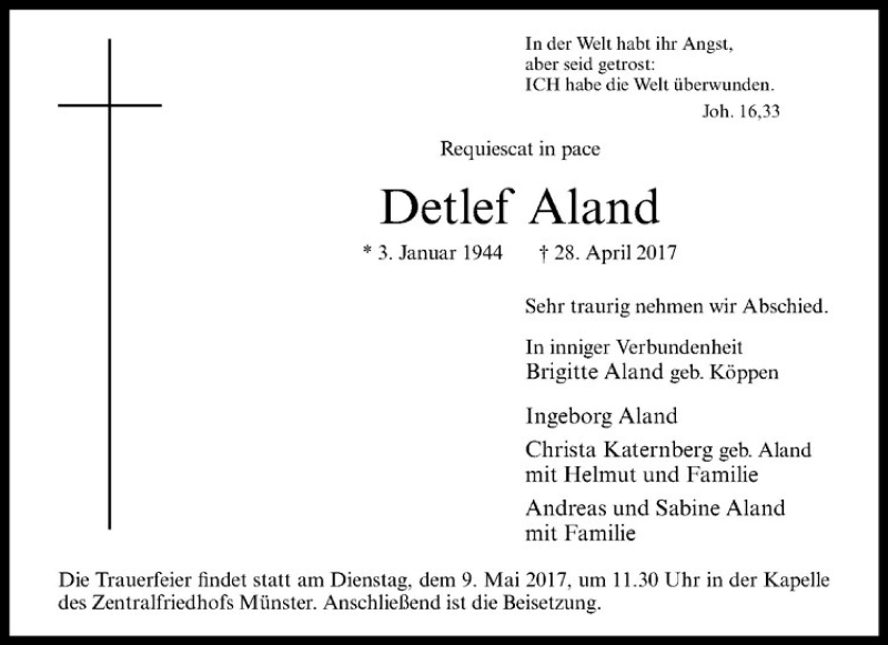  Traueranzeige für Detlef Aland vom 04.05.2017 aus Westfälische Nachrichten