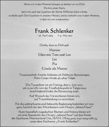 Anzeige von Frank Schlenker von Westfälische Nachrichten