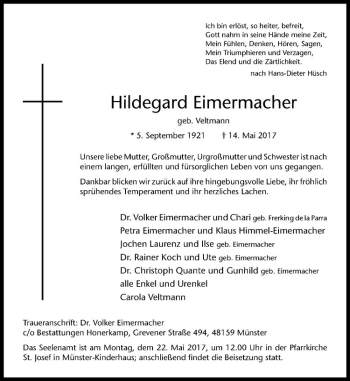 Anzeige von Hildegard Eimermacher von Westfälische Nachrichten