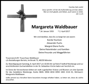 Anzeige von Margareta Waldbauer von Westfälische Nachrichten