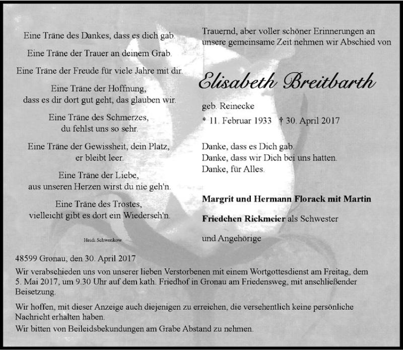  Traueranzeige für Elisabeth Breitbarth vom 03.05.2017 aus Westfälische Nachrichten