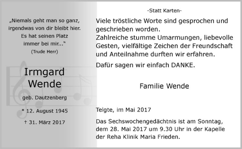  Traueranzeige für Irmgard Wende vom 20.05.2017 aus Westfälische Nachrichten