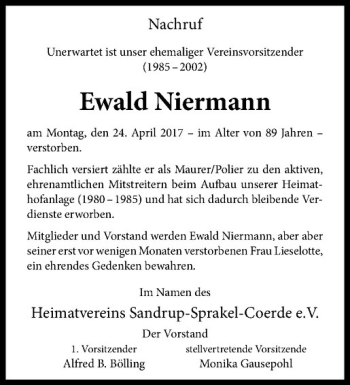 Anzeige von Ewald Niermann von Westfälische Nachrichten