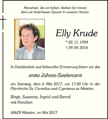 Anzeige von Elly Krude von Westfälische Nachrichten