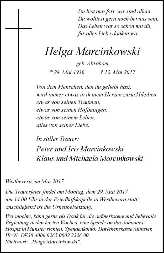  Traueranzeige für Helga Marcinkowski vom 20.05.2017 aus Westfälische Nachrichten