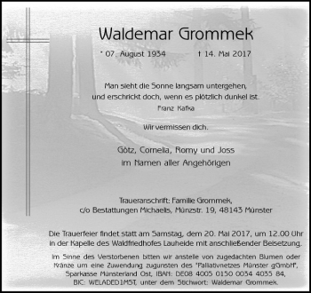 Anzeige von Waldemar Grommek von Westfälische Nachrichten