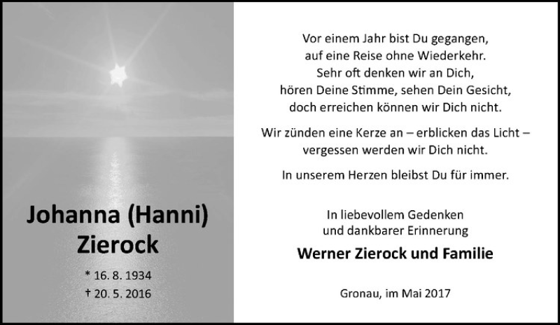  Traueranzeige für Johanna Zierock vom 20.05.2017 aus Westfälische Nachrichten