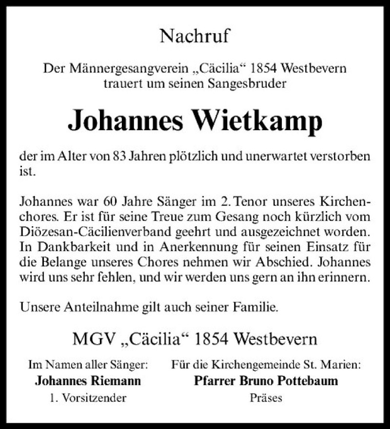  Traueranzeige für Johannes Wietkamp vom 27.05.2017 aus Westfälische Nachrichten