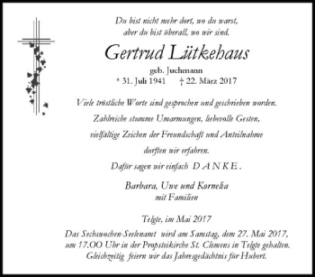 Anzeige von Gertrud Lütkenhaus von Westfälische Nachrichten