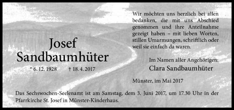  Traueranzeige für Josef Sandbaumhüter vom 27.05.2017 aus Westfälische Nachrichten