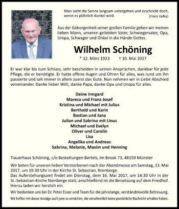 Anzeige von Wilhelm Schöning von Westfälische Nachrichten