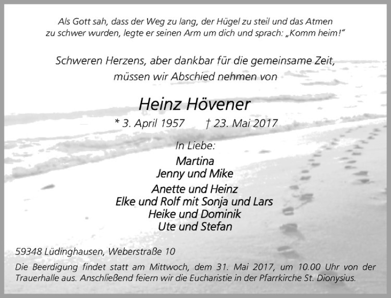  Traueranzeige für Heinz Hövener vom 27.05.2017 aus Westfälische Nachrichten