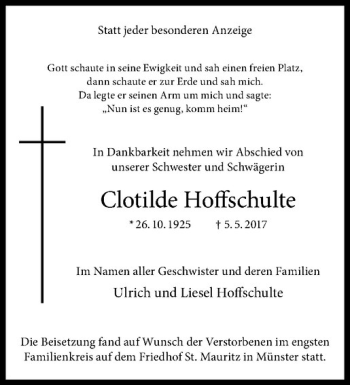 Anzeige von Clotilde Hoffschulte von Westfälische Nachrichten
