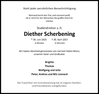 Anzeige von Diether Scherbening von Westfälische Nachrichten