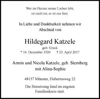 Anzeige von Hildegard Katzele von Westfälische Nachrichten