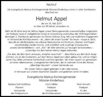 Anzeige von Helmut Appel von Westfälische Nachrichten