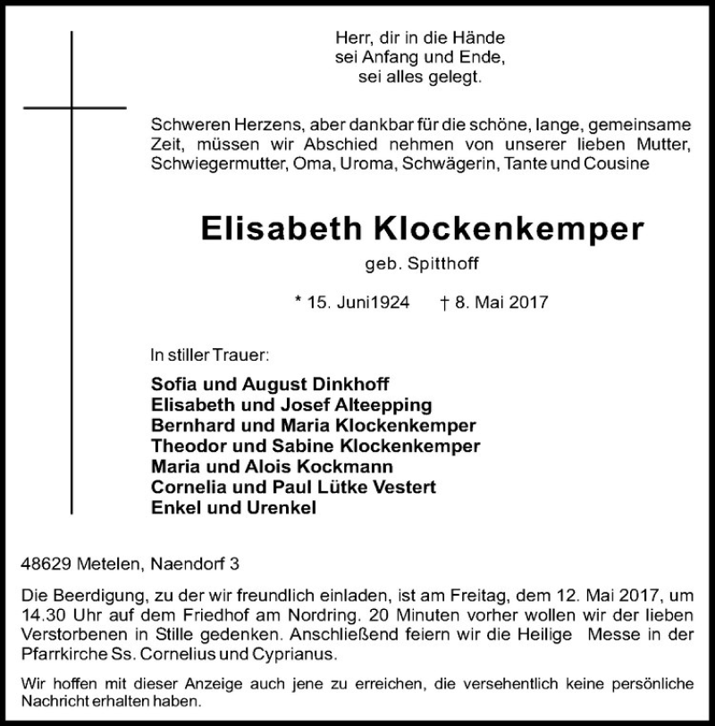  Traueranzeige für Elisabeth Klockenkemper vom 10.05.2017 aus Westfälische Nachrichten