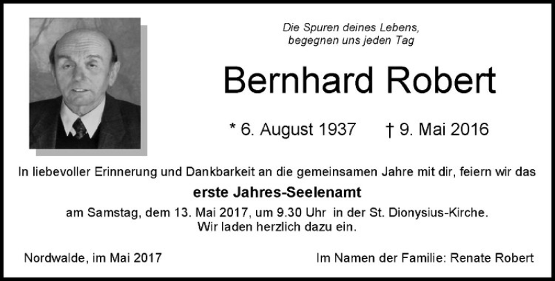  Traueranzeige für Bernhard Robert vom 06.05.2017 aus Westfälische Nachrichten