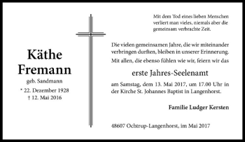 Anzeige von Käthe Fremann von Westfälische Nachrichten