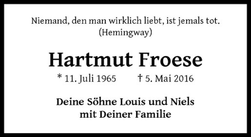  Traueranzeige für Hartmut Froese vom 05.05.2017 aus Westfälische Nachrichten