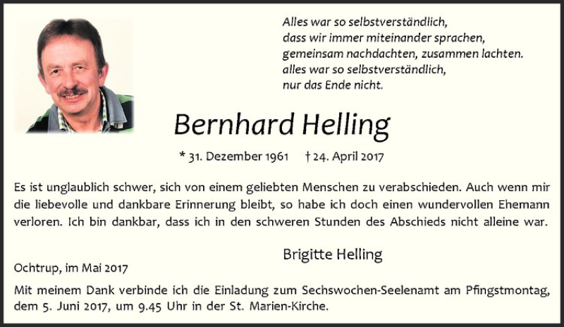  Traueranzeige für Bernhard Helling vom 31.05.2017 aus Westfälische Nachrichten